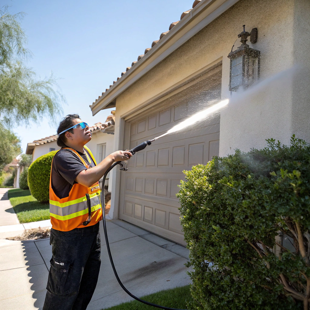 Technician pressure washing